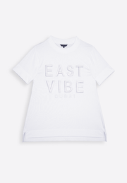 Casual white T-shirt on plain background, front view – East Vibe
